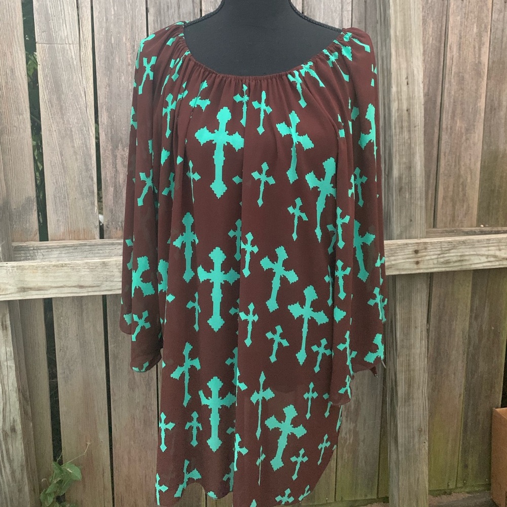 Cowgirl Hardware brown sheer top with crosses